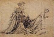 Jacques-Louis  David The Empress Josephine Kneeling with Mme de la Rochefoucauld and Mme de la Valette oil painting reproduction